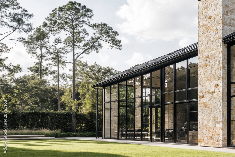 Modern architectural design features expansive glass walls and natural stone, showcasing a harmony with the surrounding landscape in a serene outdoor setting Modern architectural design features expansive glass walls and natural stone, showcasing a harmony with the surrounding landscape in a serene outdoor setting