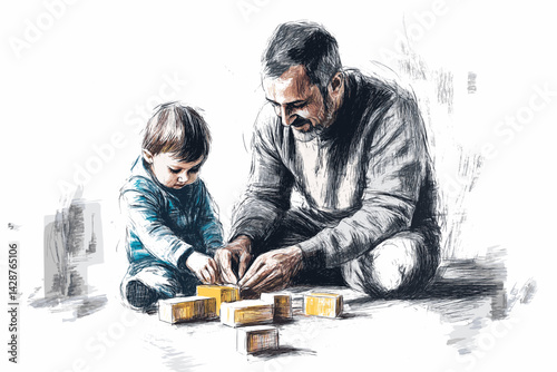 Father playing with child and blocks in watercolor sketch
