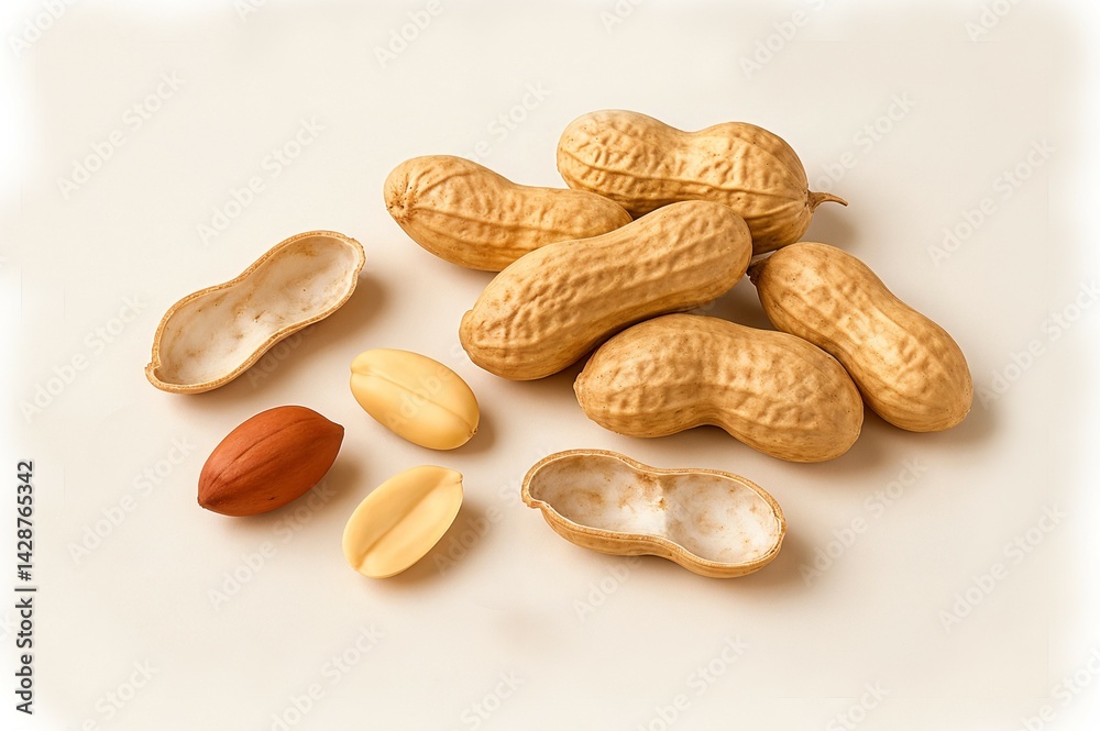 Peanuts in all forms including shelled, unshelled, split halves on white background for education Peanuts in all forms including shelled, unshelled, split halves on white background for education