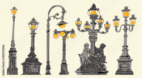 Retro, vintage street Lanterns, lamppost. Different city light lamp poles. Modern classic gothic style. Various shapes, ornaments. Hand drawn trendy Vector illustration. Isolated design elements