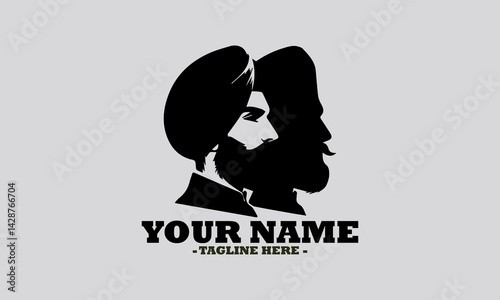 Elegant monochromatic silhouette portrait of a Sikh man in profile, featuring a neatly tied turban and a distinguished beard. man wearing a turban vector illustration and logo man wearing a turban