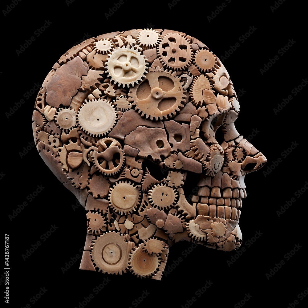 Obraz premium Brown Gear Skull Profile Against Black Background
