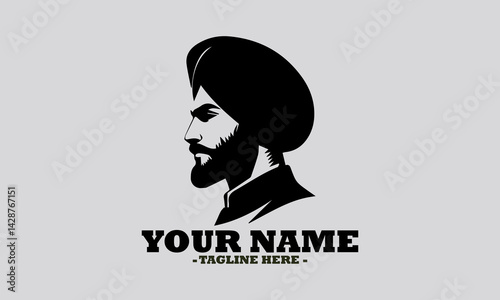 Elegant monochromatic silhouette portrait of a Sikh man in profile, featuring a neatly tied turban and a distinguished beard. man wearing a turban vector illustration and logo man wearing a turban