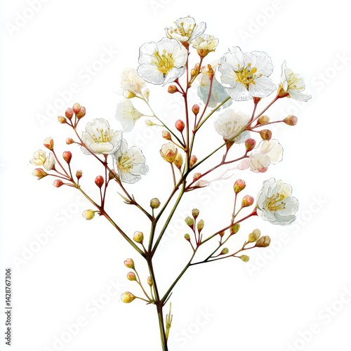 Delicate Sprig of White Gypsophila Flowers Elegant Bloom Botanical Illustration Fine Art Floral Design