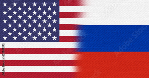 USA flag stars and stripes and Russian flag background
