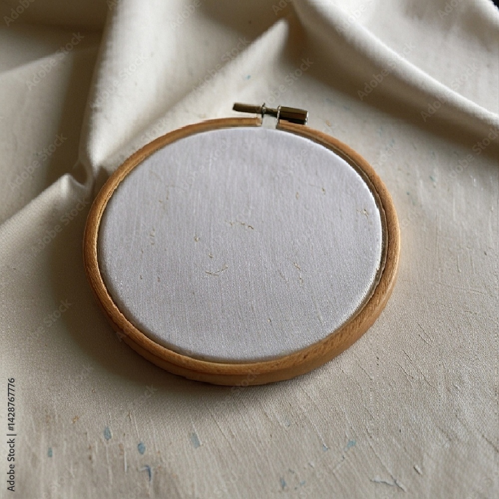 A wooden embroidery hoop holds white fabric decorated with intricate floral embroidery. AI generated.
