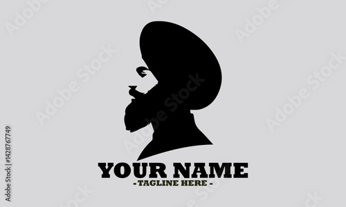 Elegant monochromatic silhouette portrait of a Sikh man in profile, featuring a neatly tied turban and a distinguished beard. man wearing a turban vector illustration and logo man wearing a turban