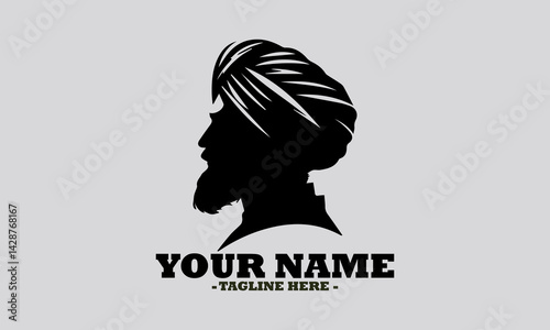 Elegant monochromatic silhouette portrait of a Sikh man in profile, featuring a neatly tied turban and a distinguished beard. man wearing a turban vector illustration and logo man wearing a turban