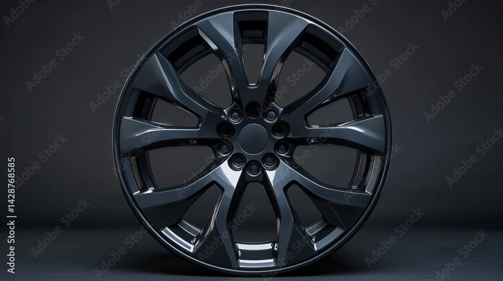 Fototapeta premium Front-facing view of luxury alloy wheel on smooth black-to-gray gradient