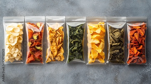 Food-safe pouches filled with colorful freeze-dried vegetable crisps