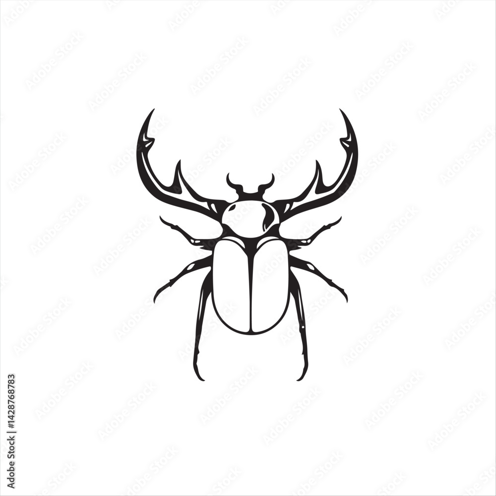 Obraz premium A classic black and white silhouette of a stag beetle, rendered in geometric shapes and clean lines. The logo is elegant, balanced, and symmetrical, set against a stark white background