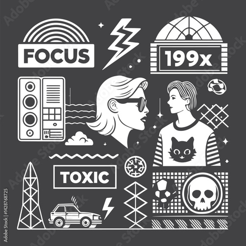 Retro human art vector set with bold graphics and symbols. Generative AI.