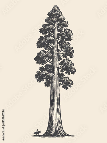 Giant sequoia tree in vintage engraving style
