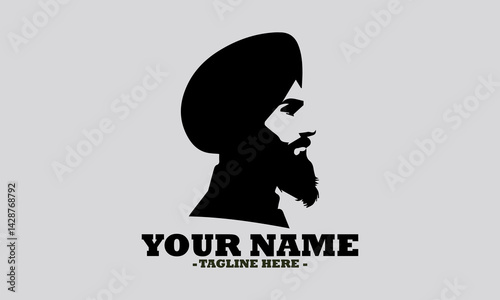 Elegant monochromatic silhouette portrait of a Sikh man in profile, featuring a neatly tied turban and a distinguished beard. man wearing a turban vector illustration and logo man wearing a turban
