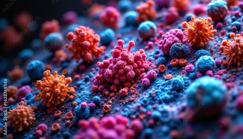 Fototapeta premium Microscopic study of colorful virus particles laboratory scientific image digital environment close-up view biology concept