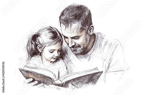 Father reading book with daughter in sketch style
