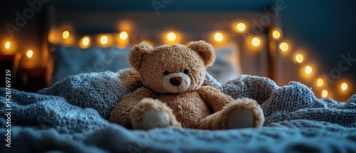Cozy Teddy Bear in a Warm Bed at Night