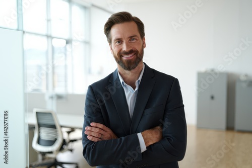 Handsome smiling bearded man with crossed arms working in modern office attractive businessman