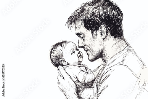 Father holding baby close in pencil sketch style
