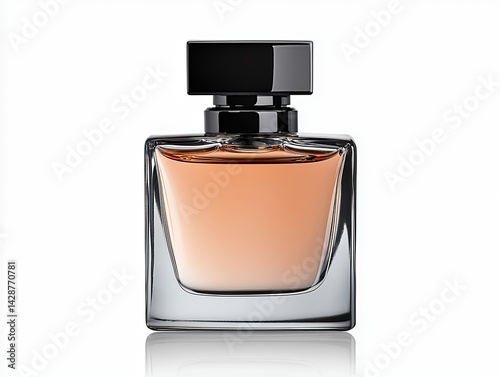 Light Brown Perfume Bottle with Black Cap on White Background