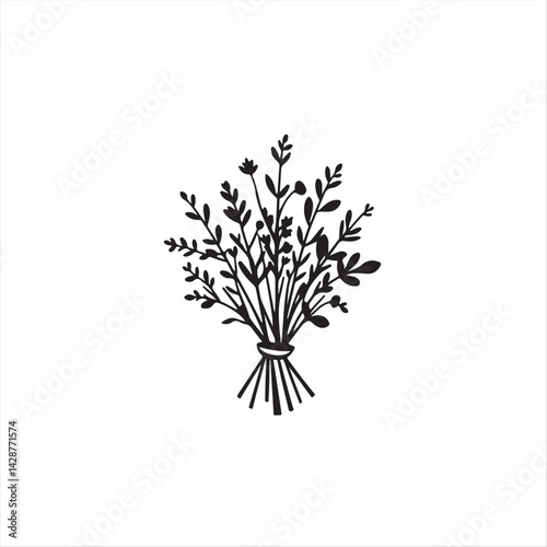 A timeless and elegant logo a black and white silhouette of a bundled herb arrangement on a white background. Geometric shapes and clean lines create a balanced and symmetrical design emphasizing