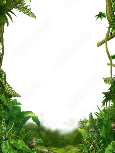 Lush Tropical Jungle Border Framing Blank White Center Surrounded by Vibrant Green Foliage Vines and a Glimpse of Forest Floor Below