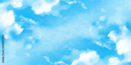 Gradient blue sky with clouds. Light sky blue shades watercolor. Sky Nature Landscape Background. sky background with white fluffy clouds.><	