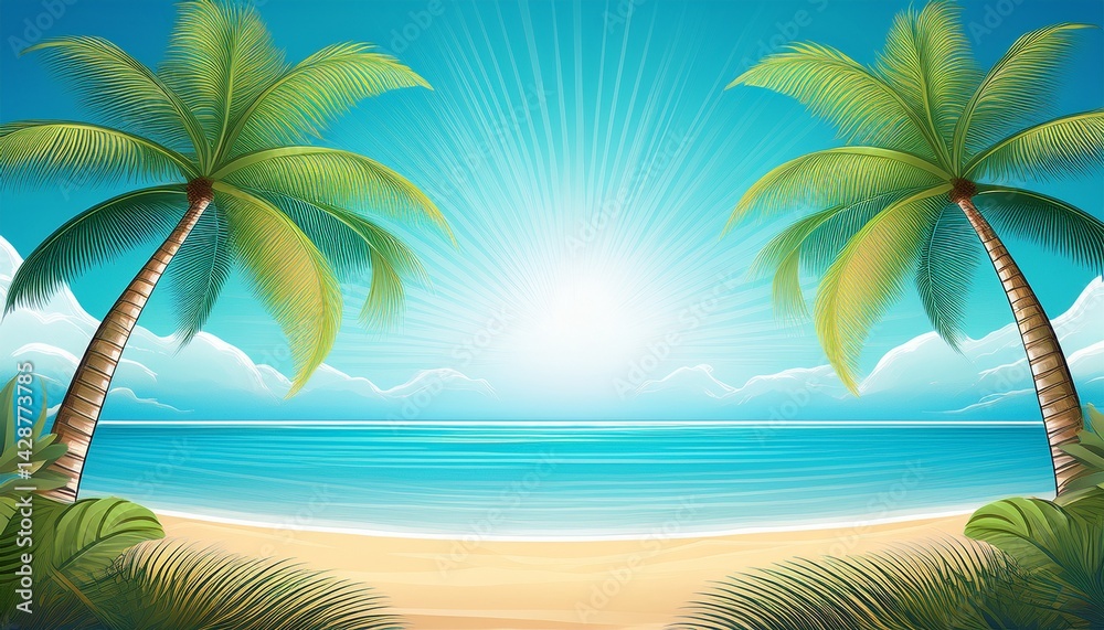 summer tropical background with palm trees and blue sea illustration summer tropical background with palm trees and blue sea illustration