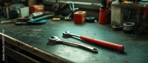 Workshop Tools: A Close-Up of Wrenches on a Dusty Workbench