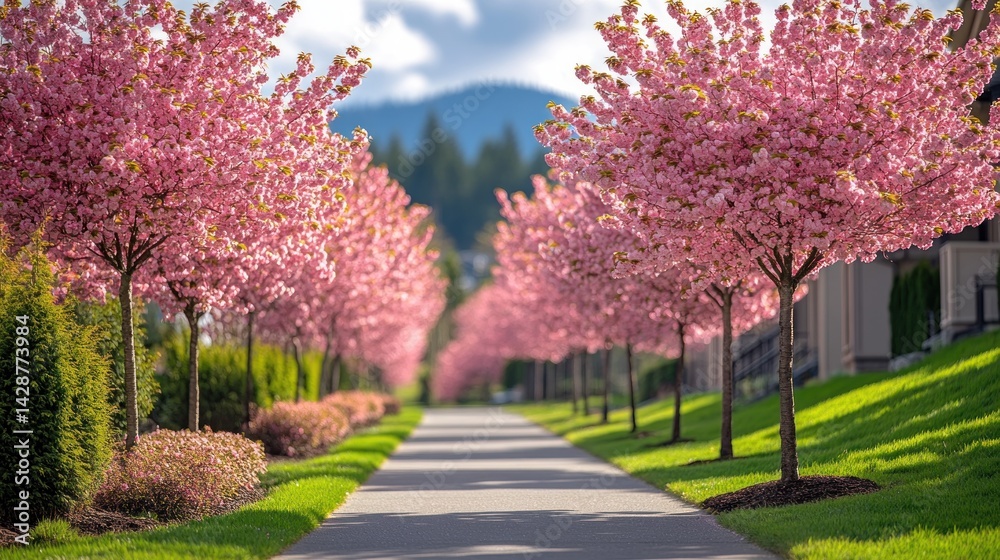 Naklejka premium Pink Blossom Pathway: A Serene Spring Stroll