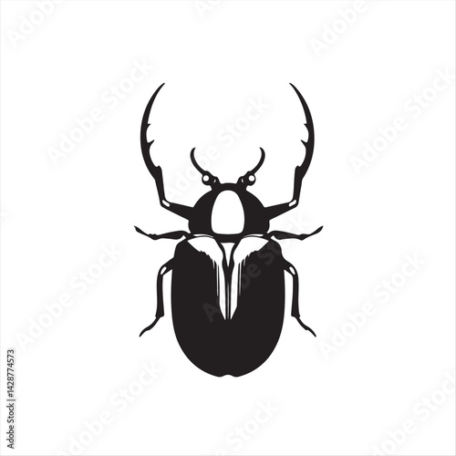 A timeless and elegant silhouette of a stag beetle, rendered in classic black and white, against a stark white background. Modern flat design aesthetic, utilizing simple two-dimensional shapes