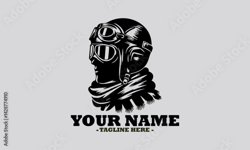 Classic monochromatic silhouette portrait of a pilot wearing a retro helmet, goggles, and scarf, in profile view. pilot wearing a retro helmet vector illustration and logo pilot wearing a retro helmet
