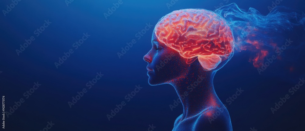 Womans glowing brain with neural activity and energy flow in a conceptual illustration of mental health, consciousness, and cognitive function Womans glowing brain with neural activity and energy flow in a conceptual illustration of mental health, consciousness, and cognitive function