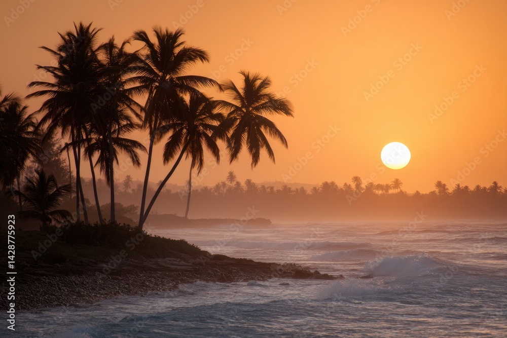 Fototapeta premium Tropical beach sunset with palm trees and ocean waves