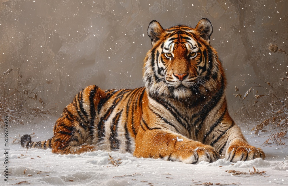 Obraz premium A majestic tiger, with its orange and black stripes, lies on the snowcovered ground against a gray background.