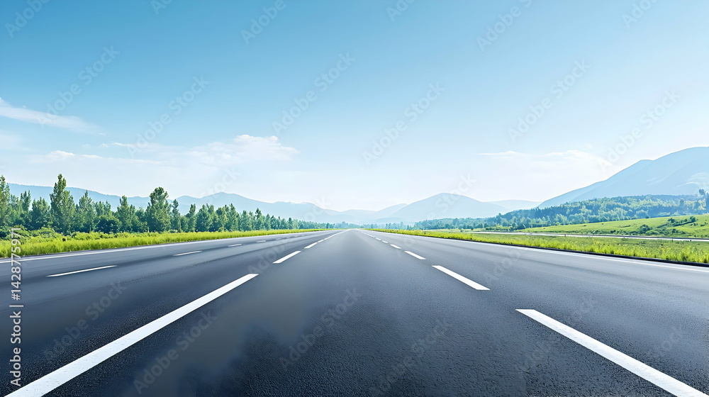 Fototapeta premium Empty Asphalt Road Leading To Mountain Range Under Sunny Sky