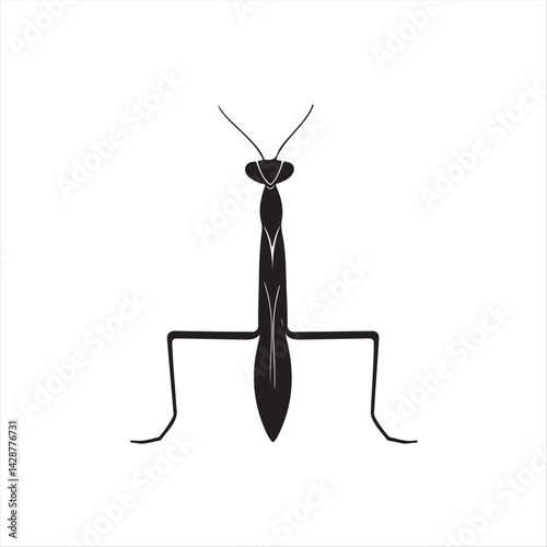 Elegant modern flat design silhouette of a praying mantis, rendered in classic black and white against a white background, featuring simple two-dimensional shape photo