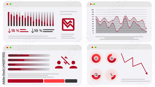 Visual report of market volatility with multiple bar and line graphs indicates significant financial downturn and falling trends, reflecting business losses and economic decline. Concept of crisis