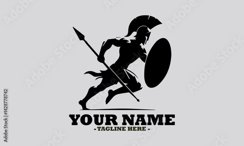 illustration silhouette ancient greek warrior black color only, spartan holding a spear vector illustration and spartan holding logo design