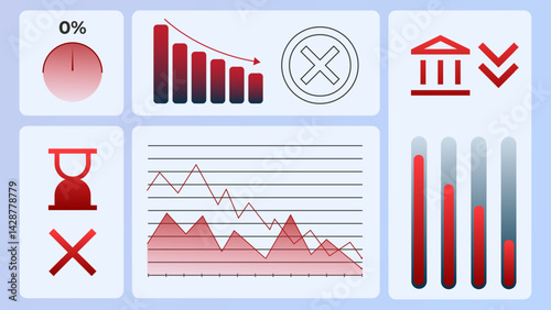 Overview of analytical panels featuring decreasing trend lines and red alert symbols reveals alarming state of economy, warning of possible financial meltdown and sectoral decline. Crisis concept