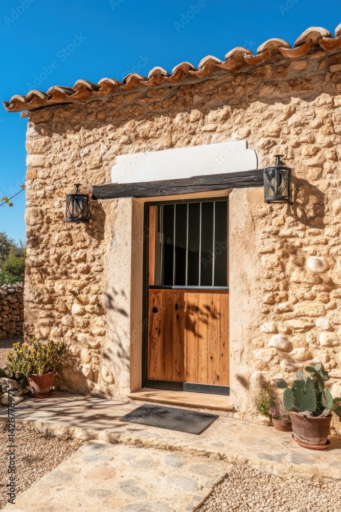 Fototapeta premium As you approach the charming stone cottage, the inviting door opens to showcase beautiful rustic architecture and a serene atmosphere, all nestled in a sunlit landscape rich with nature’s wonders