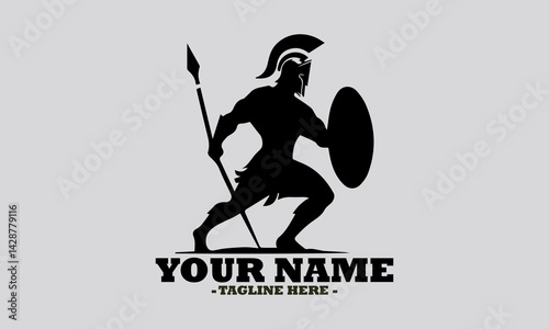 illustration silhouette ancient greek warrior black color only, spartan holding a spear vector illustration and spartan holding logo design