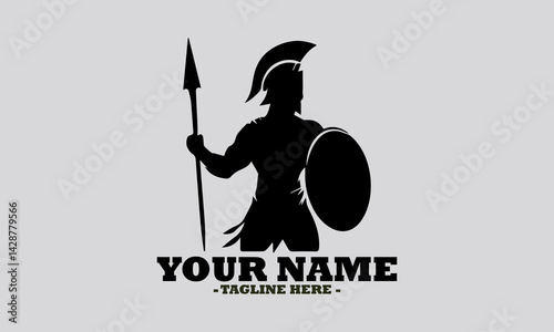 illustration silhouette ancient greek warrior black color only, spartan holding a spear vector illustration and spartan holding logo design