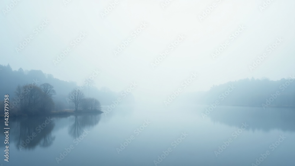 Fototapeta premium Serene Foggy Lake Landscape Misty Morning Trees Reflected Tranquil Waterscape