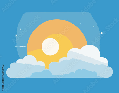 An anime-style illustration depicting a blue sky with clouds and a shining sun