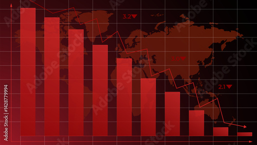 Red bar and line chart with global map shows sharp economic drop across continents, featuring falling values and negative forecasts. Concept of economic crisis. Vector illustration