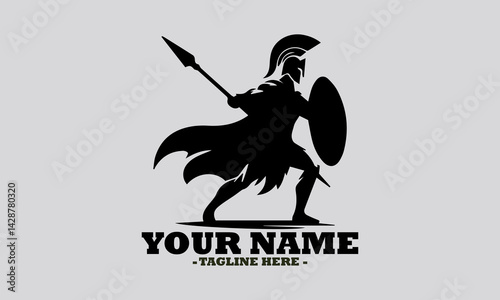illustration silhouette ancient greek warrior black color only, spartan holding a spear vector illustration and spartan holding logo design