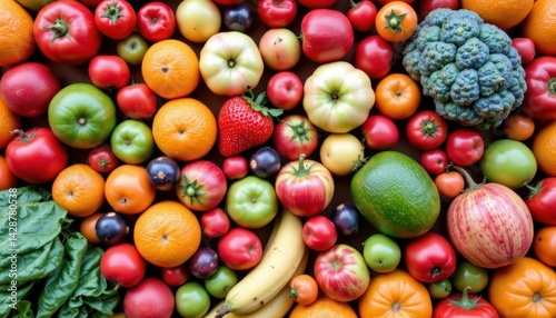 Mixed organic fruits and vegetables in abundance, colorful collection for healthy lifestyle