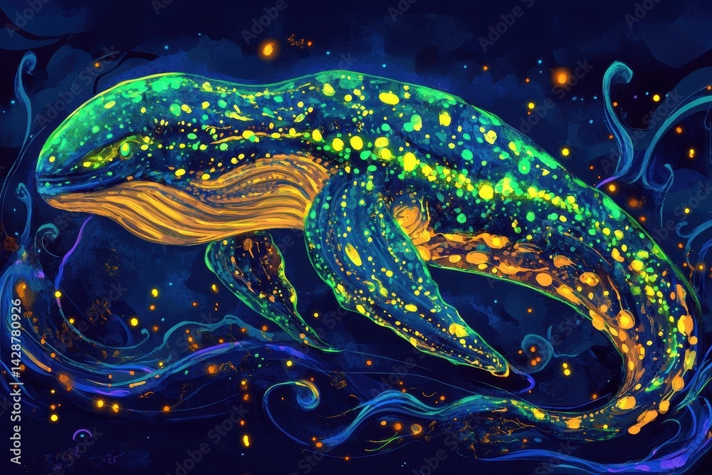 Fototapeta premium Radiant whale navigating a luminous underwater realm.