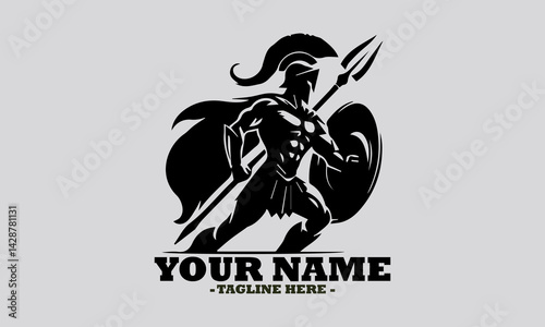 illustration silhouette ancient greek warrior black color only, spartan holding a spear vector illustration and spartan holding logo design